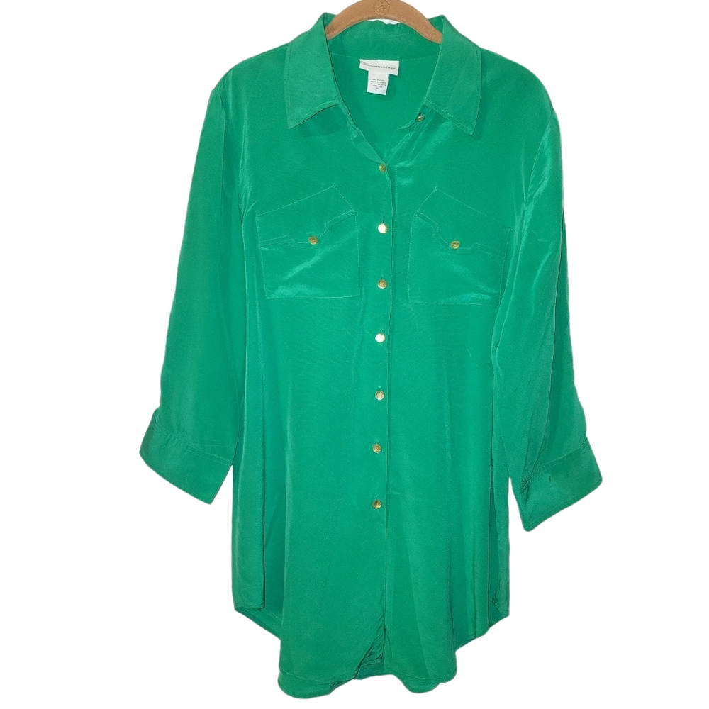 Soft Surroundings Green Silk Button Down Blouse Style# 23058 - Picture 1 of 5